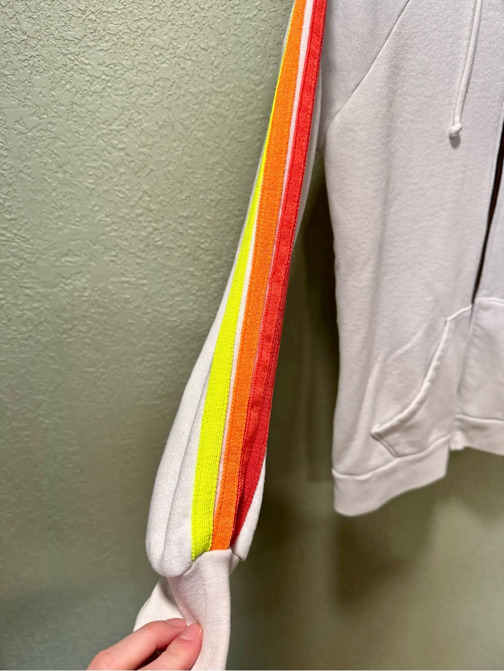 Aviator Nation White Hoodie with Neon Rainbow Sleeve Stripes M - Picture 3 of 8